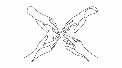 Fototapeta premium Continuous line drawing of four hands of professional managers and entrepreneurs reaching center, concept for business partnership, corporate collaboration and team building unity