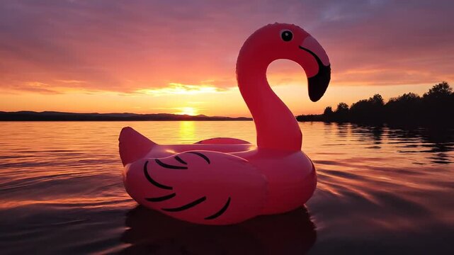 Pink flamingo float in lake at sunset with golden sky