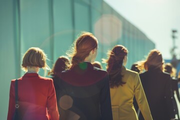 Obraz premium Professional women walking together in a modern urban environment, bathed in bright sunlight, moving towards success and future opportunities.