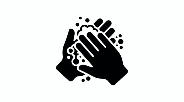 Black silhouette icon of two human hands washing with soap foam and water bubbles on a plain white background, concept for hygiene awareness, healthcare instructions and sanitary protection