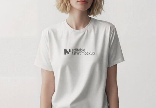 Female Model Wearing White T-Shirt Mockup