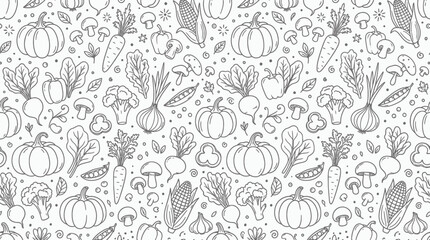 Fototapeta premium Seamless pattern background of hand drawn vegetable doodles featuring pumpkins carrots corn mushrooms and broccoli in line art, concept for food packaging, organic branding and wallpaper