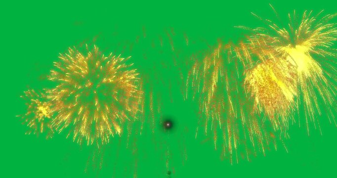 Animation of new year's eve yellow fireworks exploding on white background