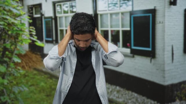 Young hispanic man holding hands behind neck outside a white building with shuttered windows and garden path, wearing open shirt over black tee; introspection solitude.
