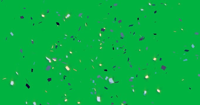 Animation of blue and gold confetti falling on white background