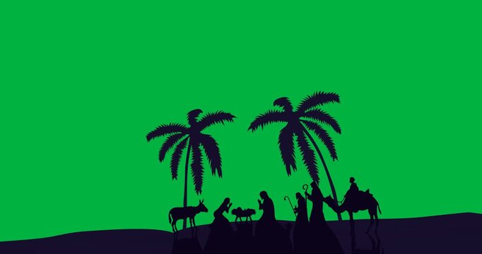 Animation of black silhouette of christmas nativity scene on white background