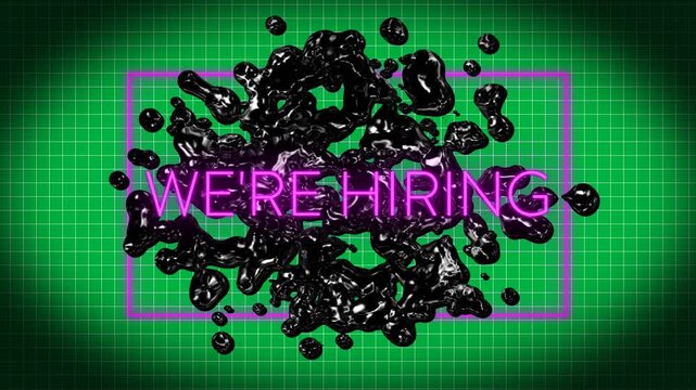 Animation of floating cluster of black liquid forms, with pink frame on white grid with vignette