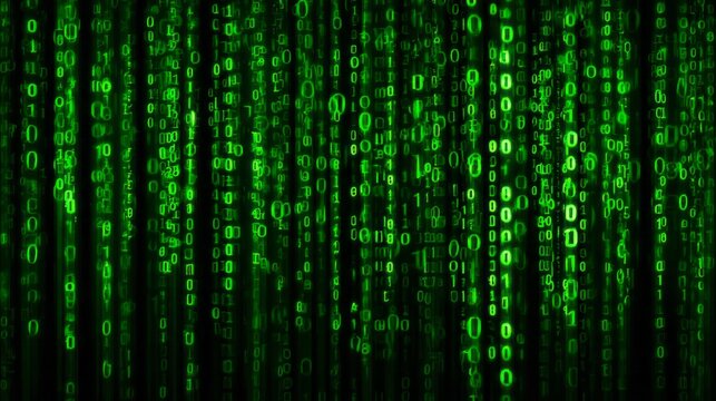 Cascading streams of glowing green binary digits fall against a dark background