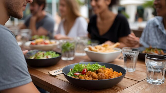 A group of friends gathered around a rustic wooden table sharing various dishes and appetizers in a bright casual setting