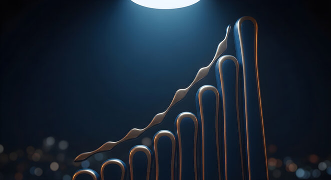 Abstract 3D rendering of a vibrant upward-trending graph, illuminated by a single spotlight, symbolizing exponential growth, successful progress, and reaching new heights in data visualization
