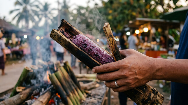 Thai Khao Lam Cracking Charred Bamboo Tube to Reveal Purple Sticky Rice, Traditional Khao Lam Preparation Action, Eco-Friendly Natural Food Packaging