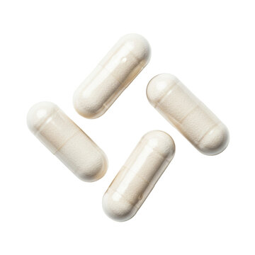 Four translucent gelatin capsules filled with fine white powder arranged artfully in a top-down view on a sterile white background clinical purity atmosphere