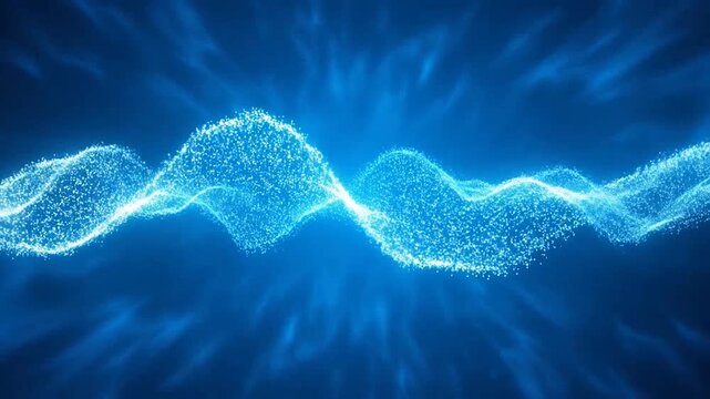 Abstract blue energy wave with glowing particles on a dark background, modern design