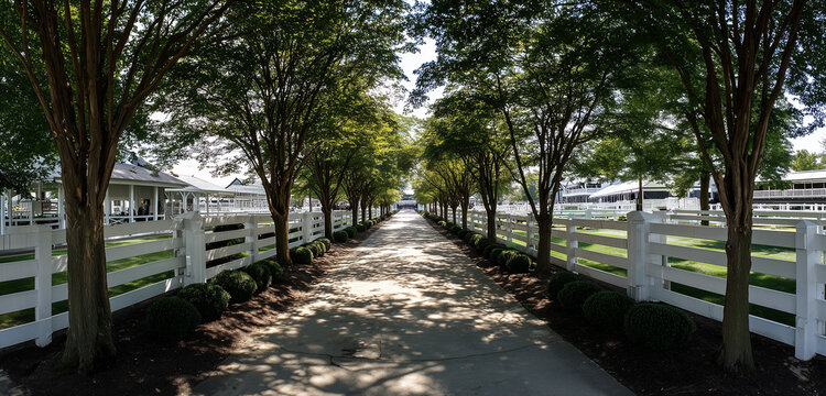 Pristine white wooden fences lining a lush green paddock path capturing the traditional atmosphere of the Kentucky Derby