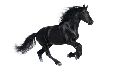Isolated black Friesian horse galloping with flowing mane and tail, elegant and powerful movement. © Viktor