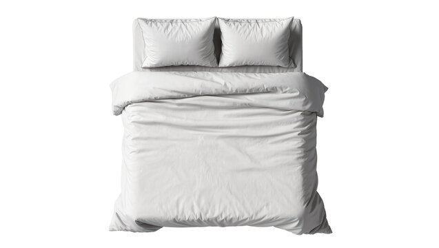 Isolated comfortable white bed with soft duvet and two pillows, top view of fresh home bedding