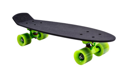 Isolated compact skateboard with black deck and bright green wheels for urban cruising © Viktor