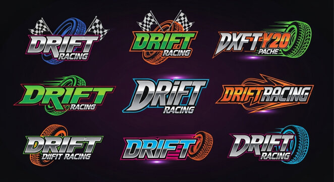 Drift Racing Logo Collection with Checkered Flags and Wheels.