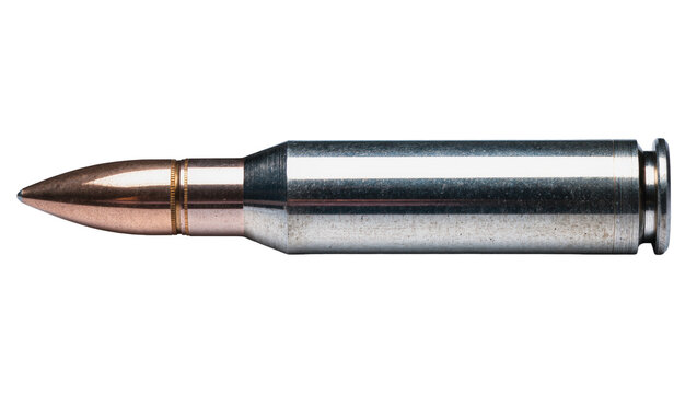 Isolated single metallic bullet cartridge showing a detailed copper projectile and silver casing