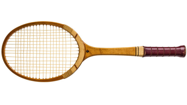 Isolated old wooden tennis racket with traditional gut strings and aged leather handle