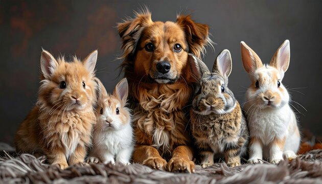 A Small Brown Dog Sits Amidst Four Fluffy Rabbits Against a Dark Textured Background Outdoors in Winter
