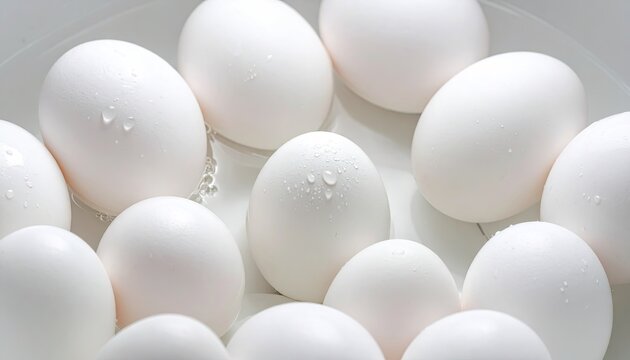 A Dozen White Eggs With Water Droplets On Their Shells In A White Bowl Close Up Macro Shot