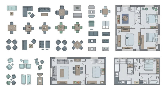 Architectural Floor Plan Layouts and Furniture Icons.