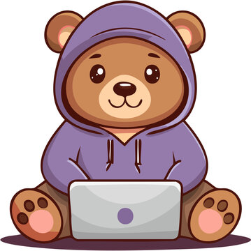 Cute Bear Wearing a Purple Hoodie and Using a Laptop Computer