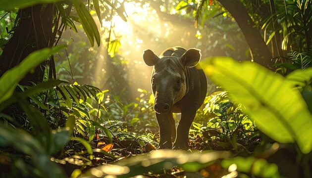 A Wild Tapir Walks Through a Lush Green Rainforest During a Sunbeam Filled Morning With Golden Light Filtering Through Dense Foliage