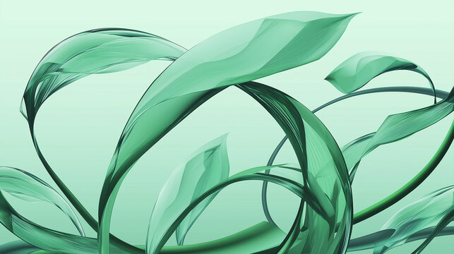 ガラスのような透明感のある緑のリボンが舞う優雅な抽象背景イラスト