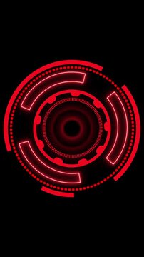 Red Circular Futuristic HUD Element with Concentric Rings and Neon animated Black Background, Futuristic red digital interface with circular HUD elements and icons animation on dark black background.