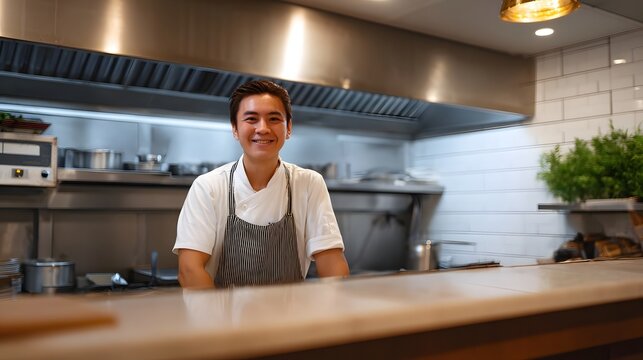 A friendly professional chef smiles from behind a wooden counter in a spotless modern commercial kitchen setting
