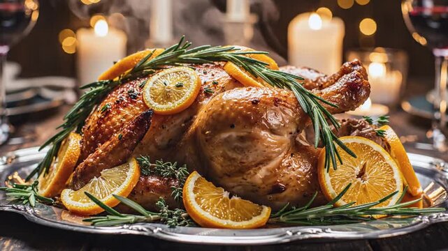Roasted turkey with oranges and rosemary on a silver platter