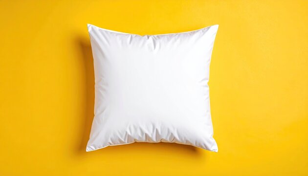 A plain white cushion sits centered against a vibrant textured yellow background highlighting its simple form and soft texture.