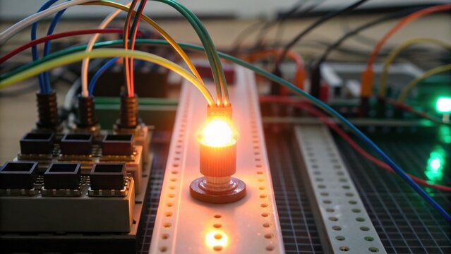 A close-up of a breadboard circuit featuring a glowing LED connected by multiple colorful wires to a microcontroller.