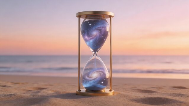 Hourglass with galaxy sand on beach