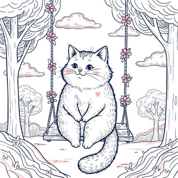 Whimsical Illustration of a Cozy Cat Sitting on a Swing in a Dreamy Forest Scene