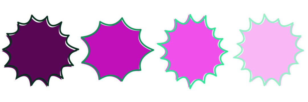 Set of four purple and pink Y2K aesthetic starburst stickers with teal outlines for social media