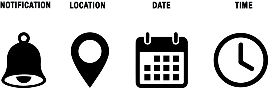 Clock,location,Bell,Calender,address,and location icons symbol.eps