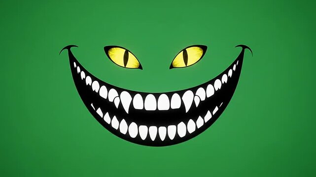 A cartoon illustration of a smiling face with sharp teeth and glowing yellow eyes on green