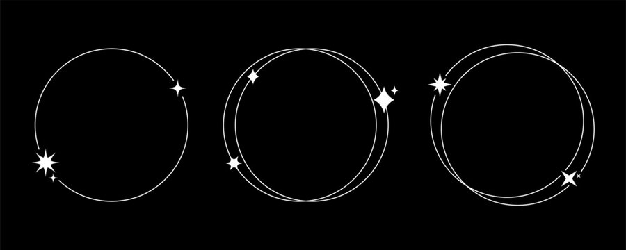 aesthetic frame icon star geometric line shape modern sparkle graphic set with circle borders and overlapping round forms on black background. minimalist vector design with thin linear outline.