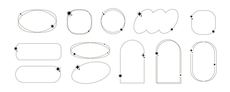 aesthetic frame icon star geometric line shape modern sparkle graphic set with circle oval arch and rounded borders. minimalist vector design with thin linear outline and clean spacing