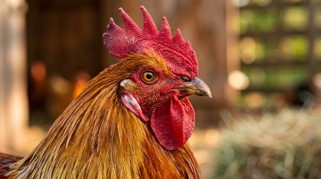 Close up portrait of rooster with vibrant red comb detailed feathers and sharp eye farm poultry bird natural rural environment concept
