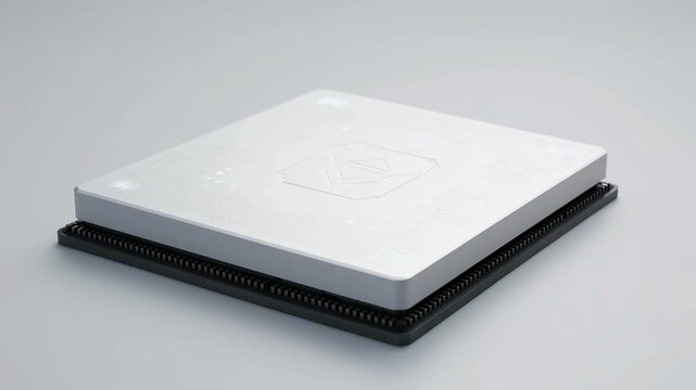 Sleek high-tech computer processor unit with an integrated cooling heatsink on a clean white background