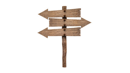 Isolated old wooden signpost with three blank arrow signs pointing different directions © Maria