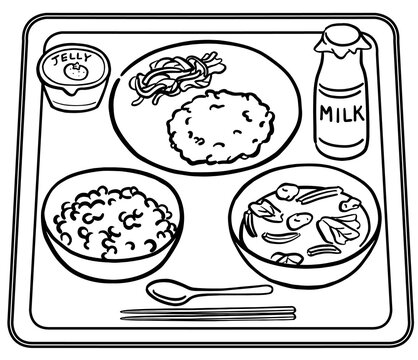 瓶牛乳と白米の給食メニュー　線画