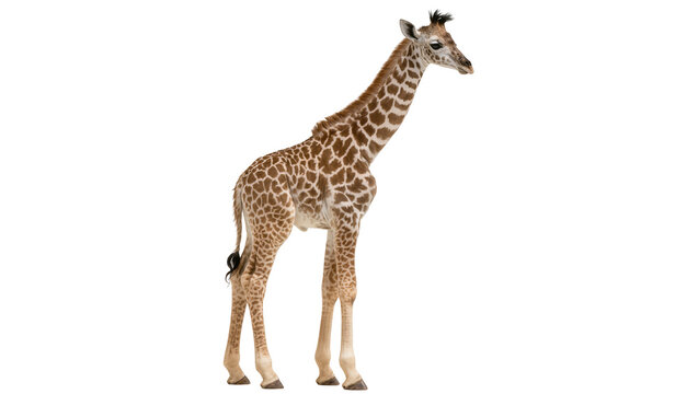 Isolated young giraffe calf standing in profile, a beautiful and curious wild African mammal.