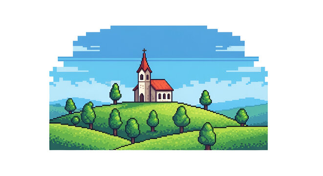 Pixel art church on grassy hill with trees under blue sky; charming retro 8-bit countryside landscape in video game style; rural scene with pixelated building