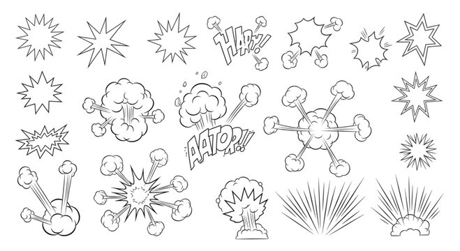 Collection of hand-drawn comic book explosion speech bubbles and blast effects in sketch style.