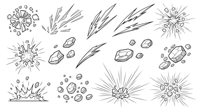 Hand-drawn collection of explosion effects, rock shards, and impact marks on plain white background